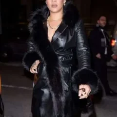 NYC 2026 Rihanna Fur Trim Leather Coat