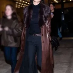 NYFW 2026 Emily Ratajkowski Brown Leather Coat