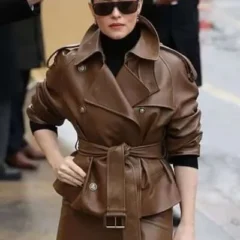 PFW 2026 Claire Foy Brown Leather Jacket