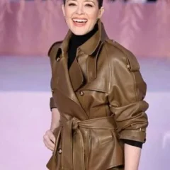 PFW 2026 Claire Foy Brown Leather Jacket