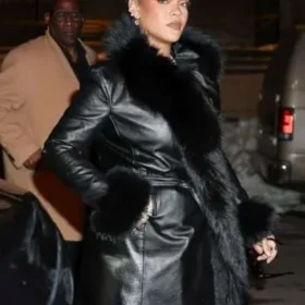 NYC 2026 Rihanna Fur Trim Leather Coat