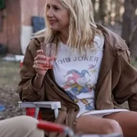 Mira Sorvino Signing Tony Raymond Brown Leather Jacket