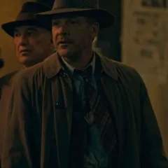 Peter Sarsgaard The Bride! 2026 Jake Wiles Brown Cotton Trench Coat