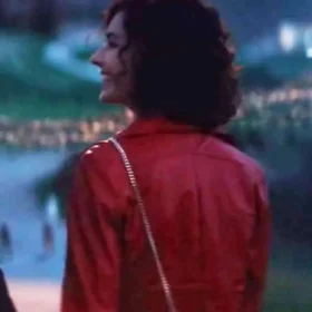 Inspired By: Nicole Grimaudo Material: Real Leather Inner: Viscose Lining Closure: YKK Zipper Closure Collar: Lapel Collar Color: Red Pockets: Two at Front and One Inside Sleeves: Full-Length Sleeves