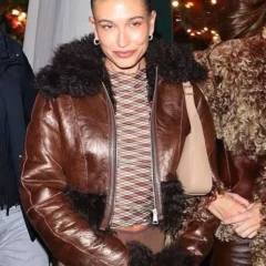 Hailey Bieber Fur Leather Jacket